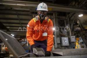 Pekerja menunjukkan biji nikel matte di smelter PT Vale Indonesia Tbk di Sorowako, Luwu Timur, Sulawesi Selatan, Selasa (21/10/2025). Produksi nikel matte PT Vale Indonedia Tbk pada Semester I-2025 meningkat sebesar dua persen dibandingkan periode yang sama tahun lalu yakni 35.584 ton dan menargetkan produksi nikel matte hingga akhir tahun 2025 mencapai 71.234 ton. ANTARA FOTO/Nova Wahyudi/YU